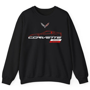 A black crewneck sweatshirt featuring a red and white Corvette C7 Graphite Sport graphic on the front, displayed against a solid white background.