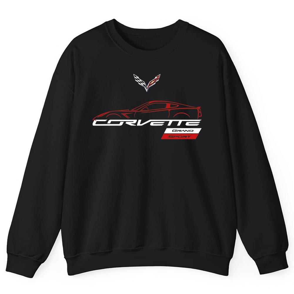 A black crewneck sweatshirt featuring a red and white Corvette C7 Graphite Sport graphic on the front, displayed against a solid white background.